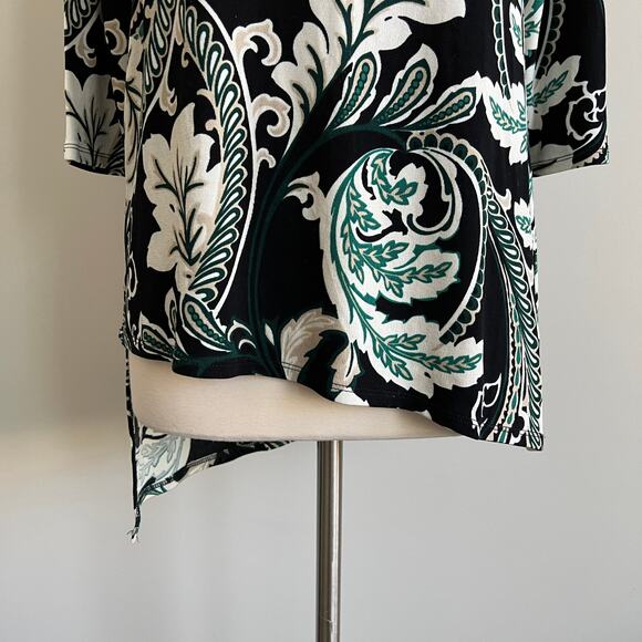Chico's Travelers Asymmetrical V-Neck Blouse Filigree Black Green Small - Picture 3 of 11